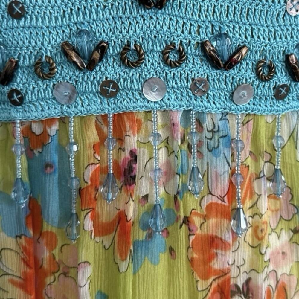 100% Silk Sue Wong Green Multicolor Beaded Floral Maxi Dress Blue Crochet - Picture 11 of 13
